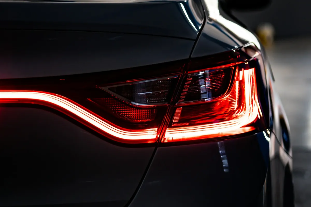 A thin red LED tail light line wrapping the rear corner of a dark car