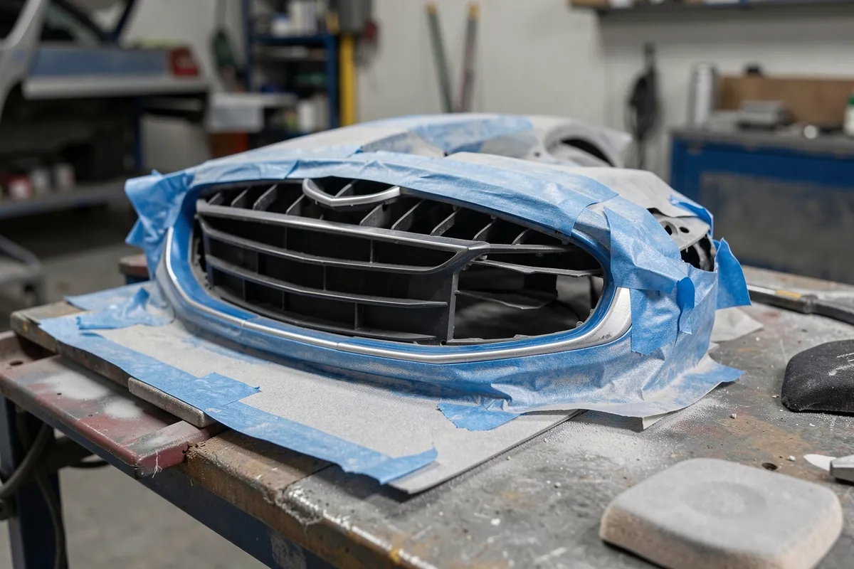A removed front grille masked with tape and paper, prepped on a workbench