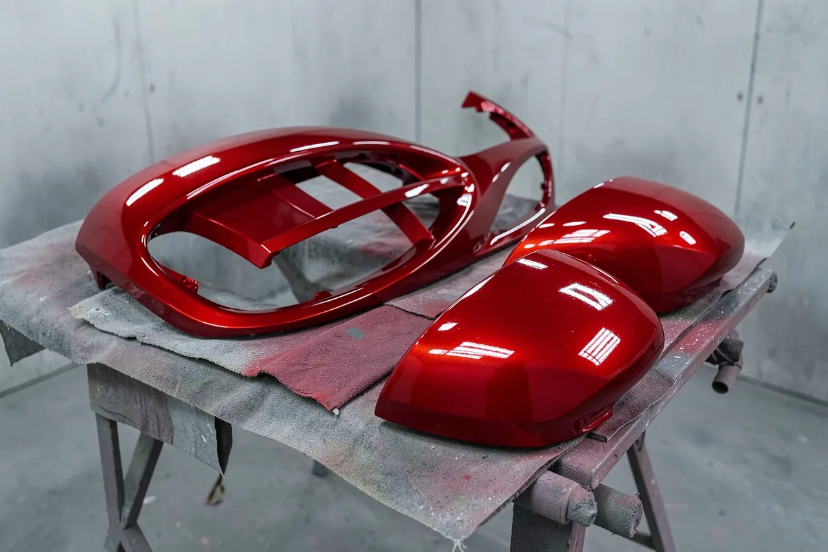 Grille surround and mirror caps freshly sprayed in gloss red