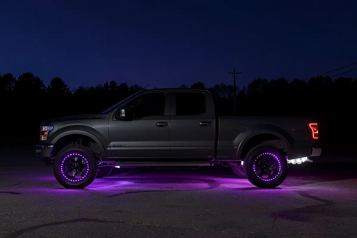 Pickup at night with purple wheel ring lights and underbody light on the pavement