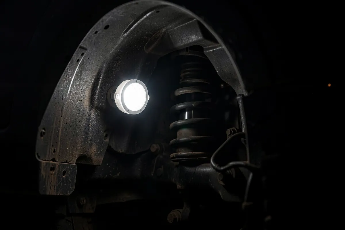 A white LED rock light pod glowing inside a truck's wheel well, lighting the shock and fender liner