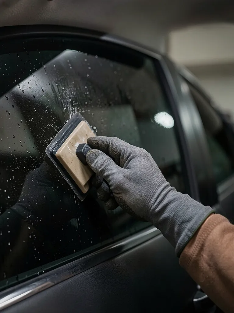 Installer squeegeeing tint film onto a car's side window