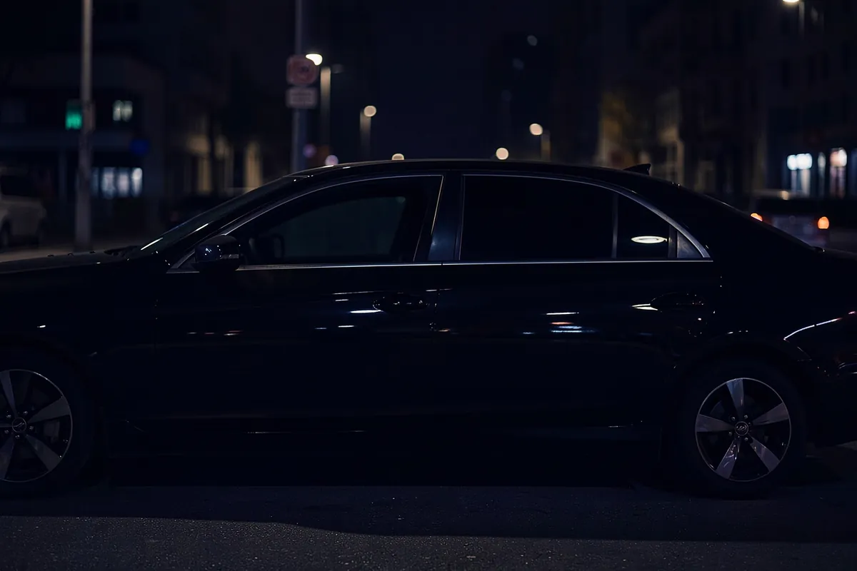 Black sedan with dark tinted windows parked on a city street at night