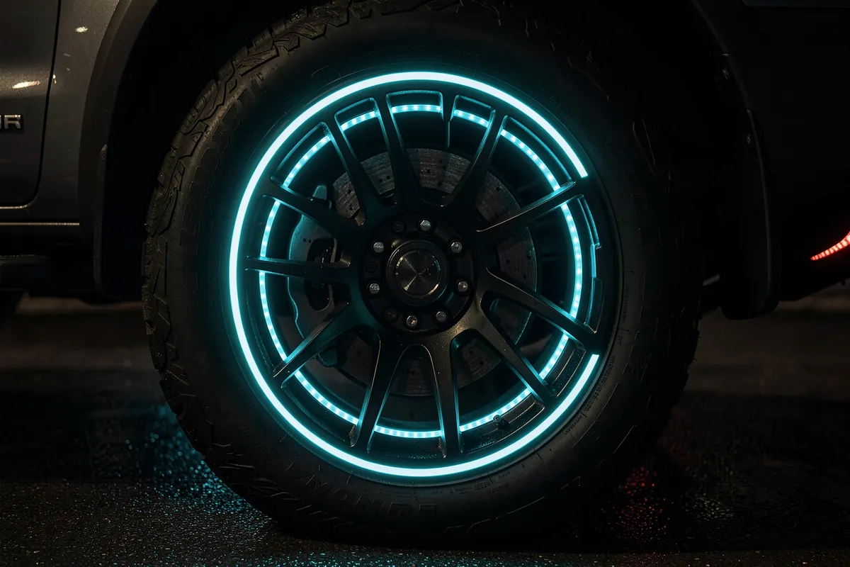 A cyan LED wheel ring glowing behind the spokes of a black truck wheel at night
